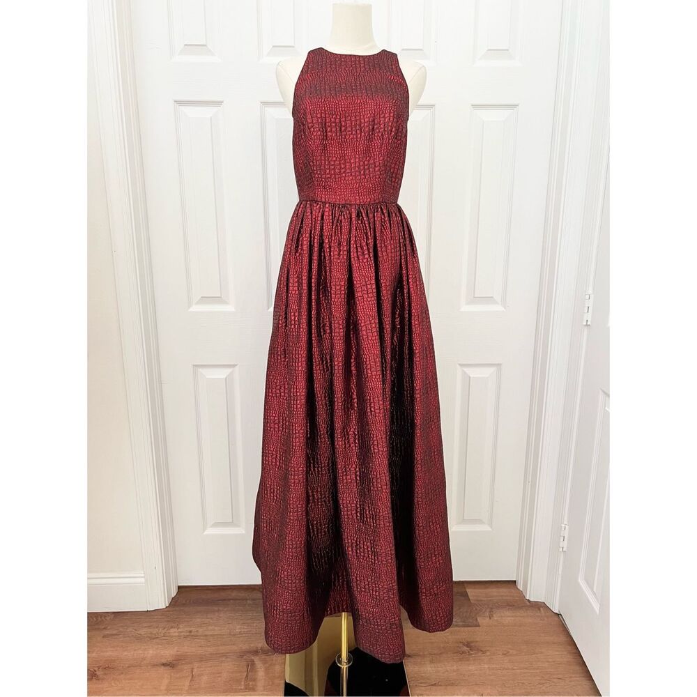 Alice + Olivia Womens Burgundy Emilia Snake Embossed A-Line Maxi‎ Gown Size XS 4
